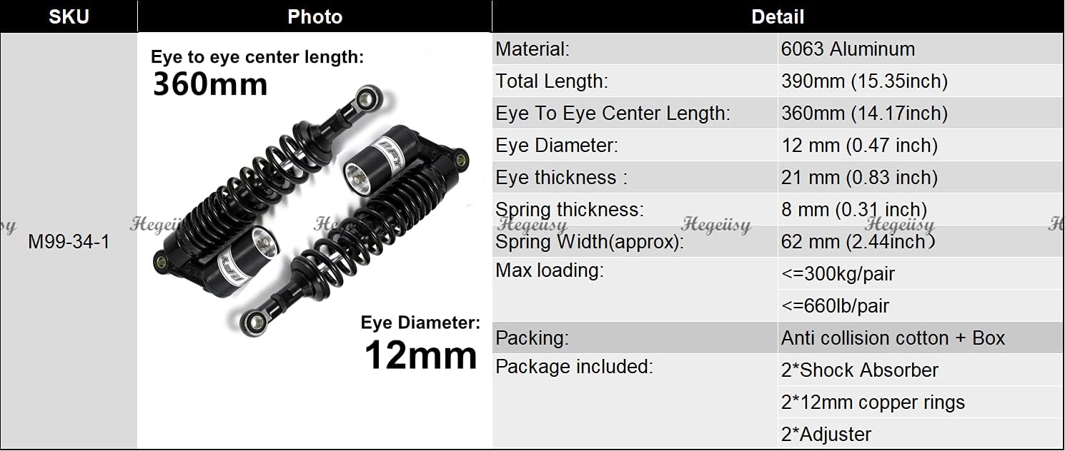 Hegeiisy ユニバーサルATVクワッドダート用360mm 8mmスプリングオートバイ用ショックアブソーバーリアサスペンション黒