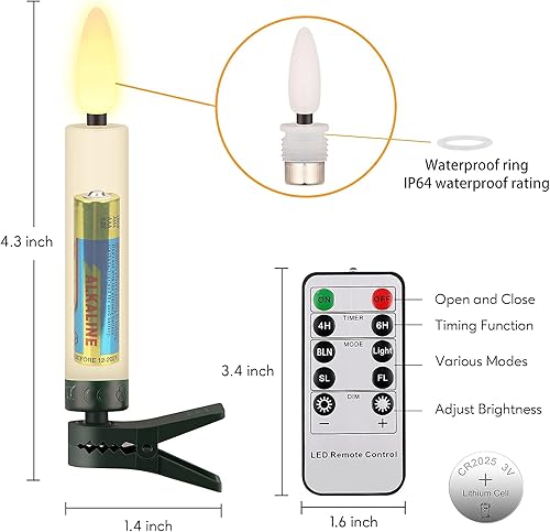 Miniatura 7 de 20 velas LED para árbol de Navidad con control remoto y temporizador, impermeables, funcionan con pilas, sin llama, velas falsas eléctricas blancas