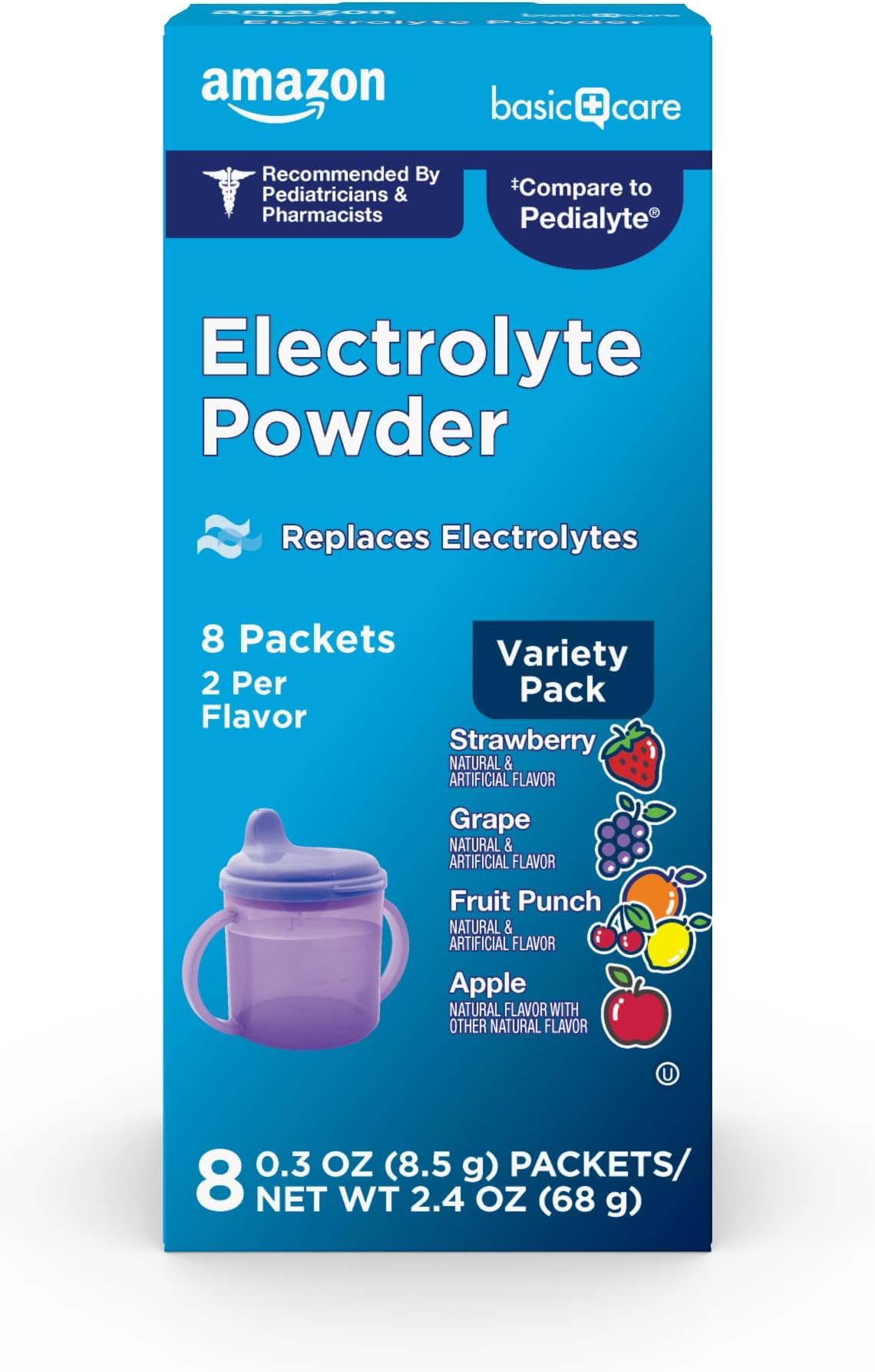 Amazon Basic Care Electrolyte Powder Variety Pack, Apple, Fruit Punch, Grape, Strawberry, 8 Count (Pack of 8)