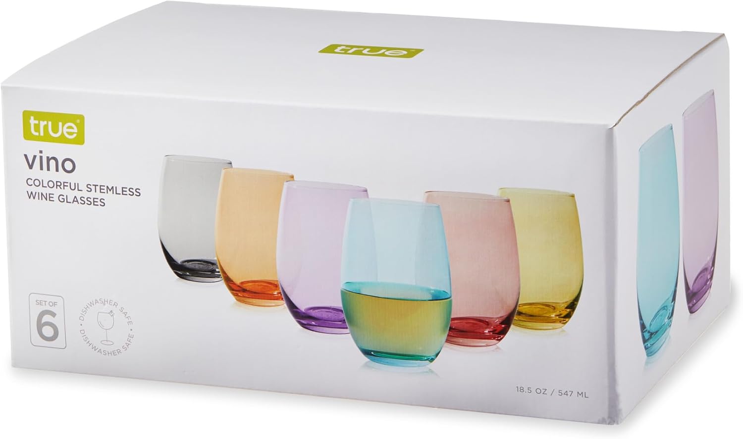 True Color Stemless Wine Glasses Gift Set, Vibrant Drinking Glasses for Wines, Cocktails, Beverages, Wedding Gifts, Housewarming Gifts, Modern Glassware, Home Bar, 18.5 oz, Set of 6, Multicolor
