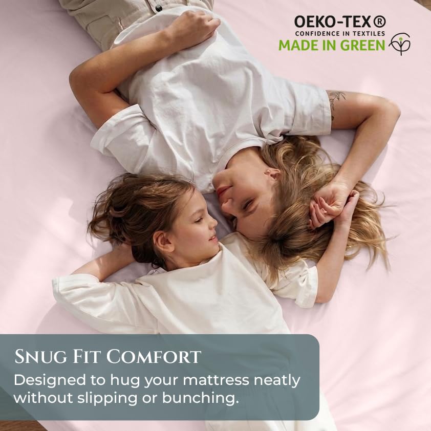 Image of Royale Linen 400 Thread Count Fitted Sheets Full Size - 100% Cotton Bottom Sheets Only - Luxury Sateen Weave -All Around Elastic Deep Pocket Fitted Sheet - Soft & Durable - Fit Up To 16 inch (Kyoto Blush)