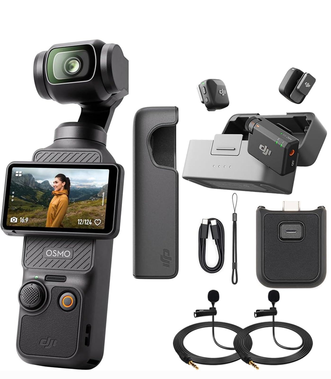DJI Osmo Pocket 3 4K 120fps Handheld 3-Axis Gimbal Stabilizer Bundle Mic Mini (2 TX + 1 RX + Charging Case) + 2X Deco Essentials 3.5mm Computer Clip-On Mini Lapel Microphone
