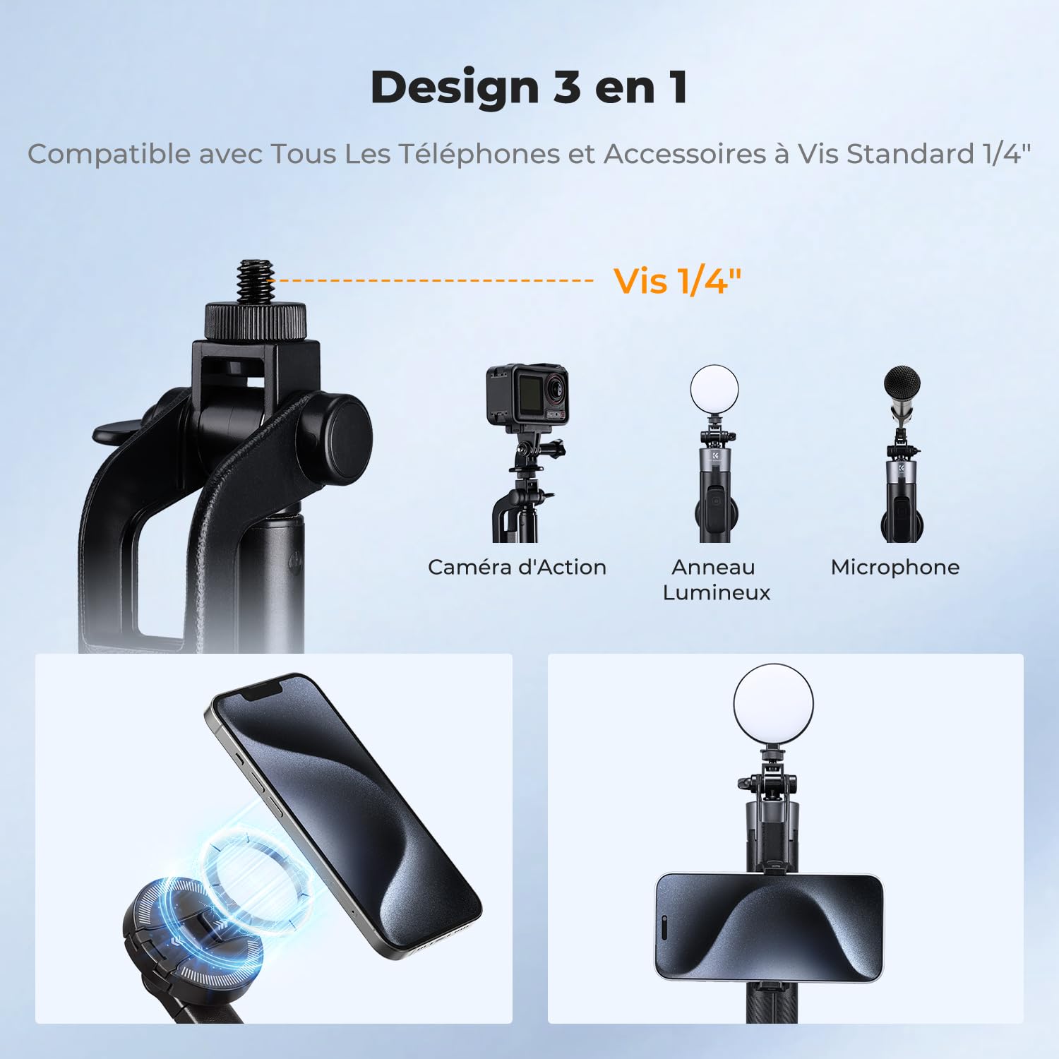 K&F CONCEPT 180cm 3 en 1 Trépied Téléphone Selfie Stick iPhone Noir