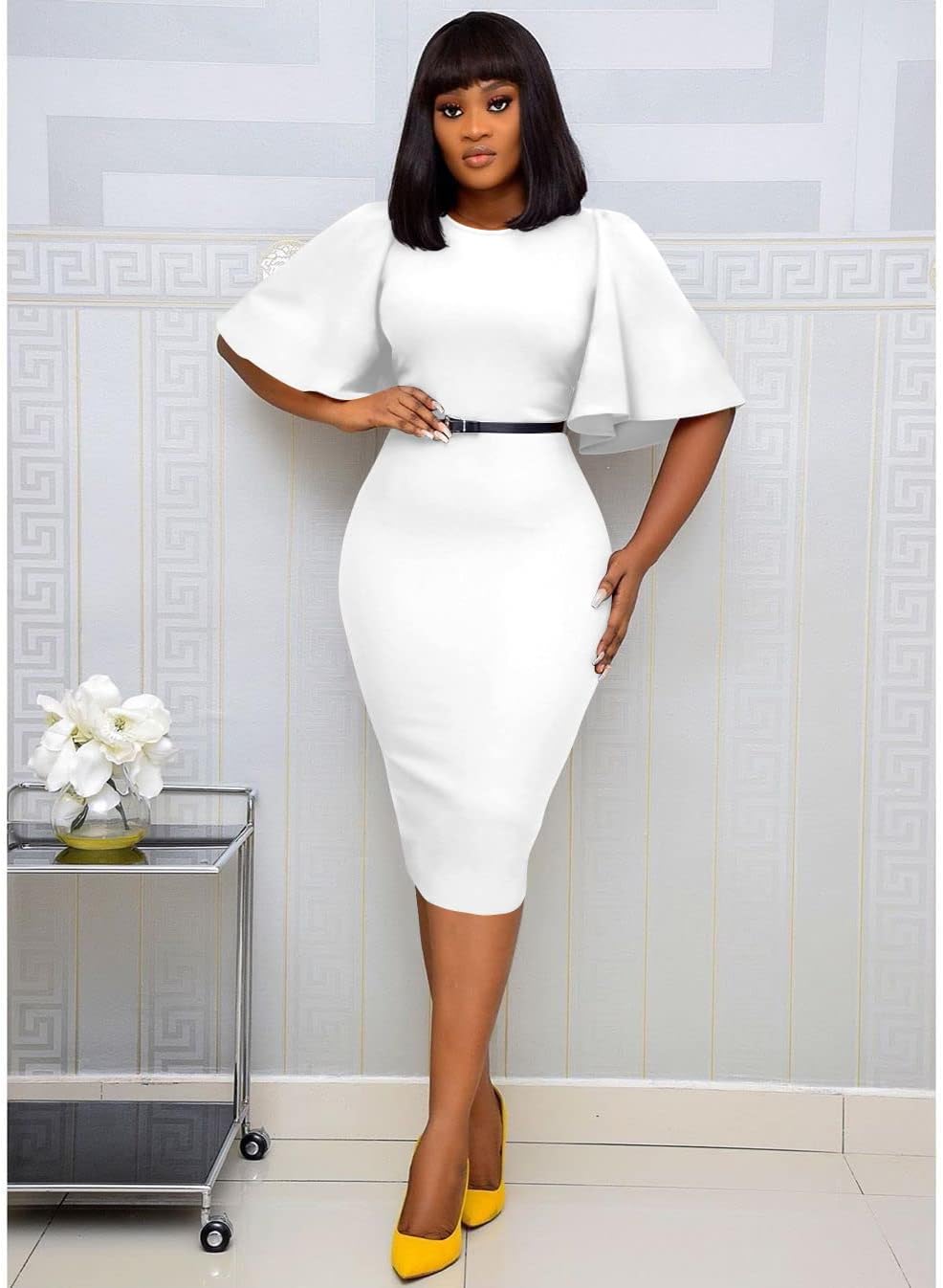 Memoriesea Women's Basic Bodycon Ruffle Flared Short Sleeve Pencil Midi Dress - Image 2