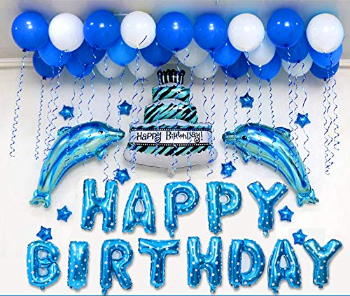 Fontee Decoraciones para fiestas de cumpleaños, Globos de látex 30x azules y blancos, Pastel de cumpleaños enorme y globos de lámina de delfín, Kit de decoraciones a granel para niños y adultos