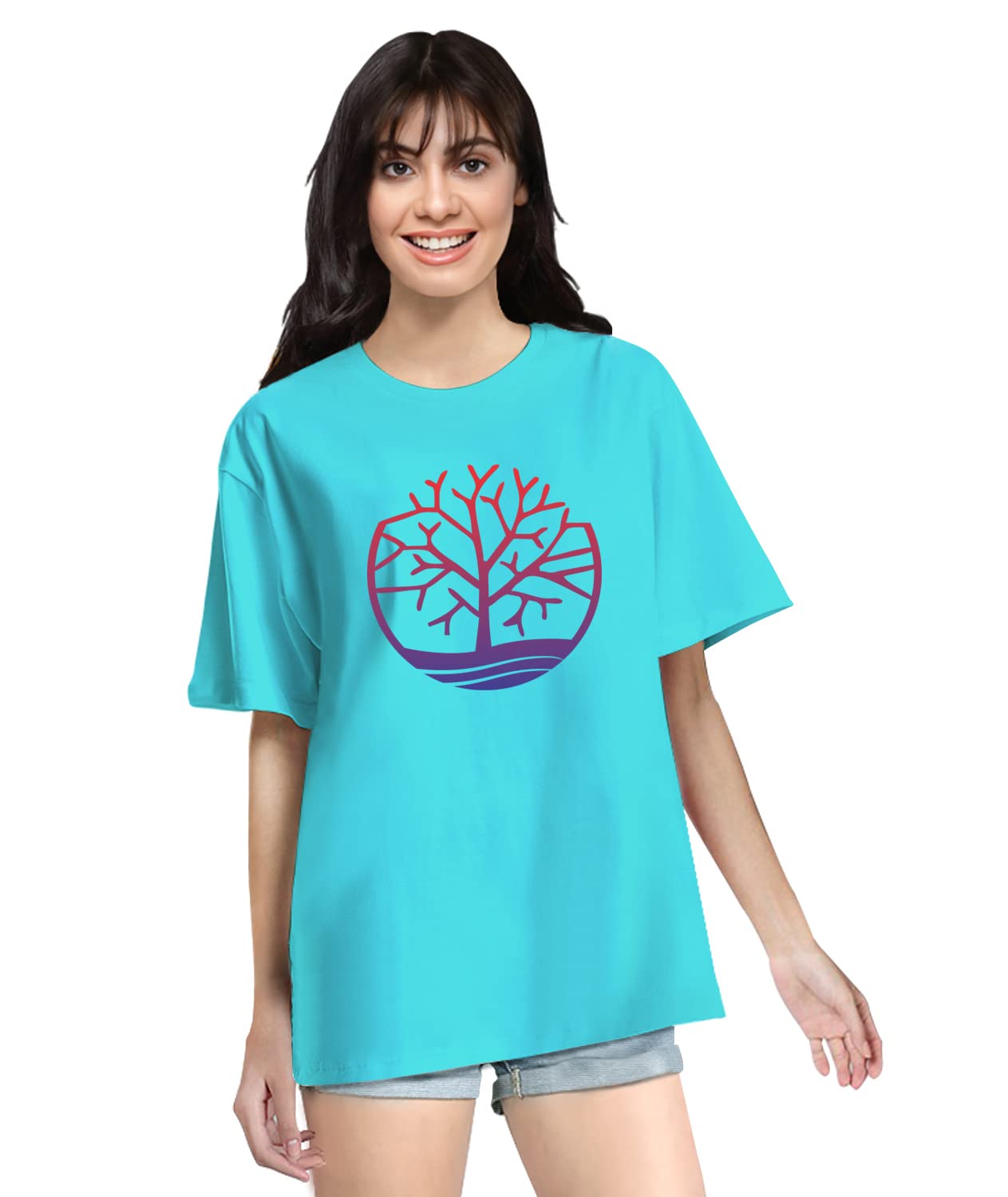 Women's Oversized Abstract Tree Graphic Printed Round Neck Multicolour T-Shirts. 100% Cotton, Loose Tshirt, Drop Shoulder, Pootlu, Casual, Graphic Printed T-Shirts-picture-10
