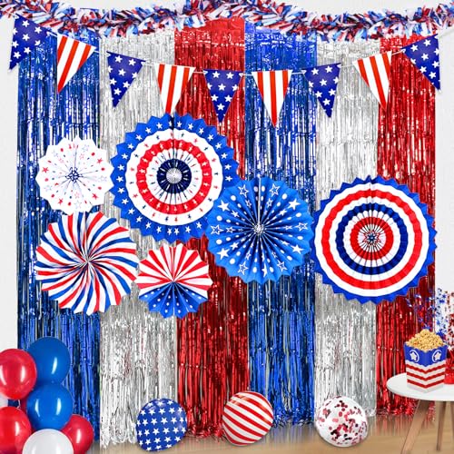 Image of 4th of July Patriotic Decorations, Red White and Blue Decorationl Include 3 Pack Foil Fringe Curtains, Paper Fans, Pennant Bunting for Patriotic Party, Memorial Day, Independence Day, Labor Day