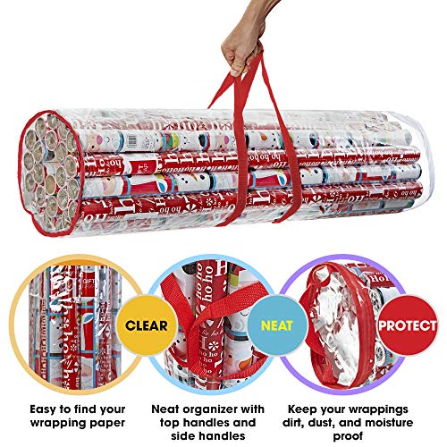Propik Christmas Gift Wrap Storage Bag, Clear Organizer Fits Up To 24 Rolls 40 Inch, Heavy Duty Pvc Bag With Handles And Zippered Top For Wrapping Paper And Ribbons (Red Trimming) #TOP2