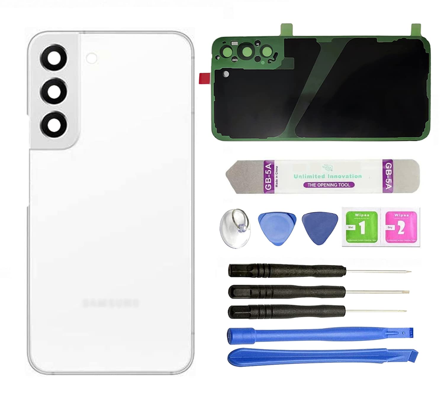 for Samsung Galaxy S22 Plus Replacement Back Glass Panel Case + Pre-Installed Camera Lens + All The Adhesive + Repair Tool Kit for Samsung Galaxy S22 Plus All Carriers (White)