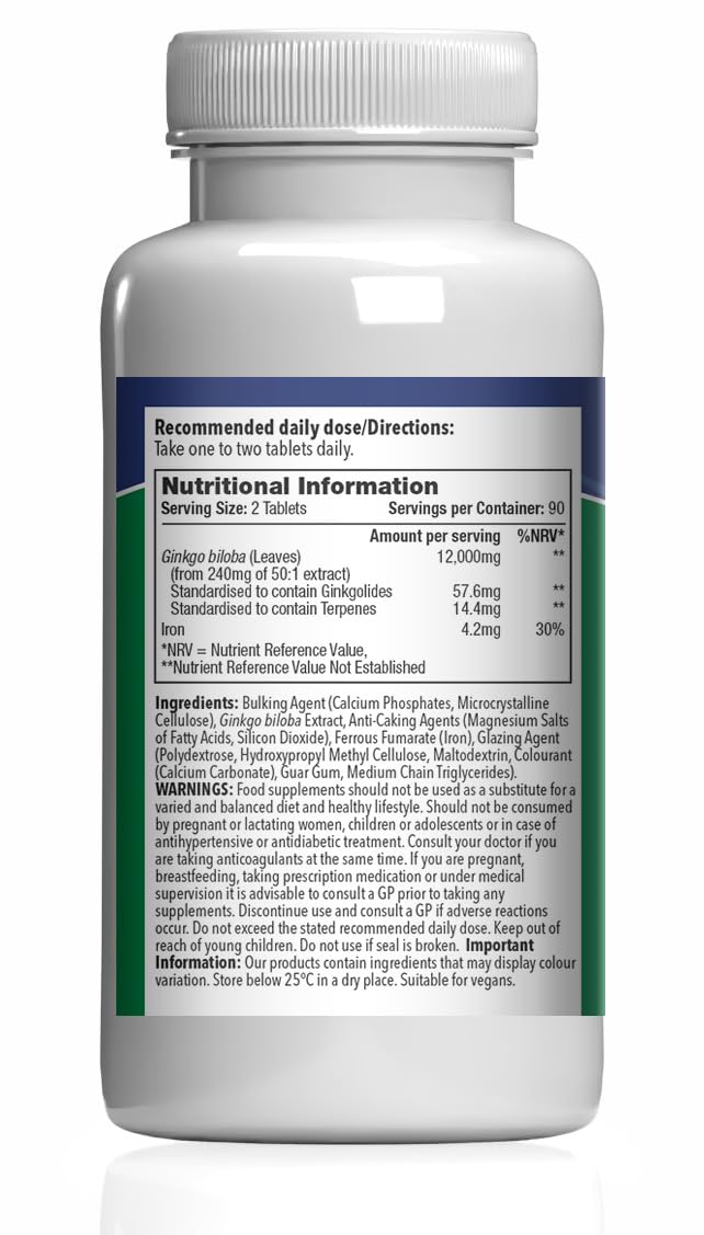 Ginkgo Biloba 6000 mg - 360 Compresse - Adatto ai Vegani – 6 mesi di scorta –SimplySupplements