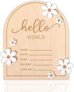 ​Wooden Hello World for Baby Showers, 7.1 Inch Baby Announcement Sign, Birth Announcement Sign for Hospital Welcome Newborn Boys and Girls Shower, Nursery Hospital Information Record Board