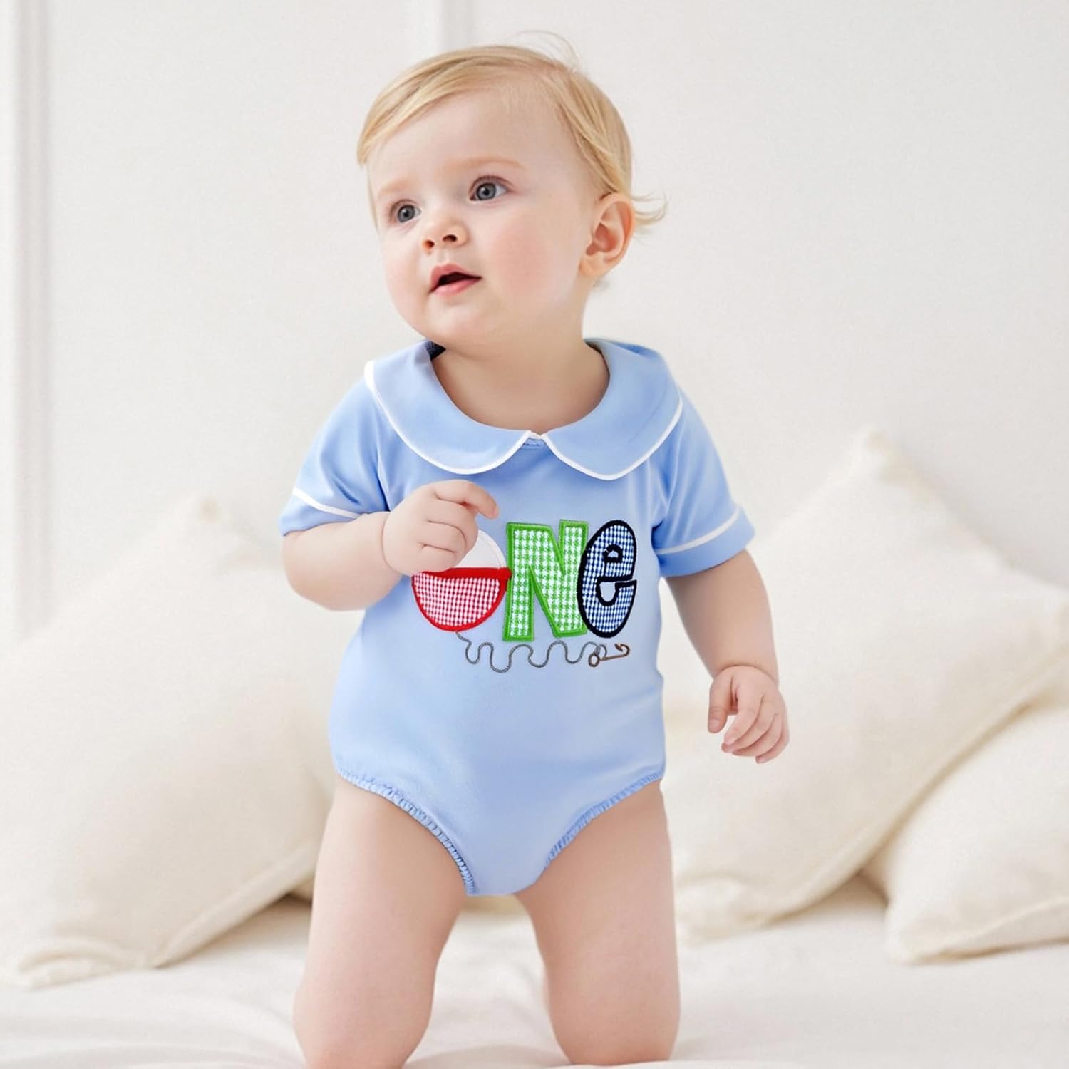 woshilaocai Baby Boy First Birthday Outfit Romper Bubble Collared Bodysuit Baby Fish Birthday Clothes - Image 2