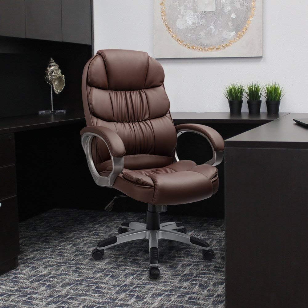Furmax Office Chair High Back PU Leather Computer Desk Chair Adjustable Ergonomic Executive Office Chair Swivel Lumbar Support Soft Cushioned Padded Arms (Brown)