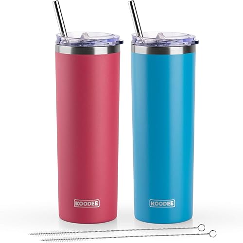 koodee Vaso delgado de 20 onzas (paquete de 2) vaso de agua con doble pared de acero inoxidable con tapa y pajita, vaso delgado de viaje para mujer,