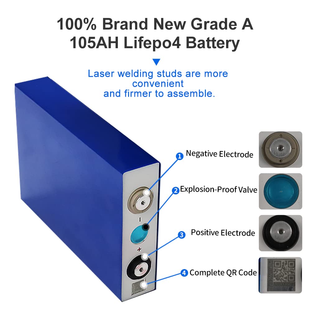 Generico Lifepo4 Battery 105AH 12V 24V Grade A Batteries Pland Stock Battery 3500Cycles Lifepo4 Prismatic CellsFor Solar Cells (4PCS-105Ah)