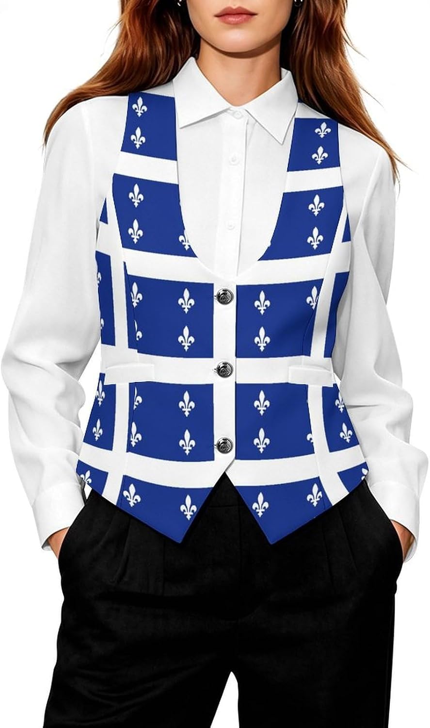 Flag of Quebec Province Canada Women's Tuxedo Waistcoat Suit Vest | 3 Button V-Neck Slim Fit Casual Sleeveless Top