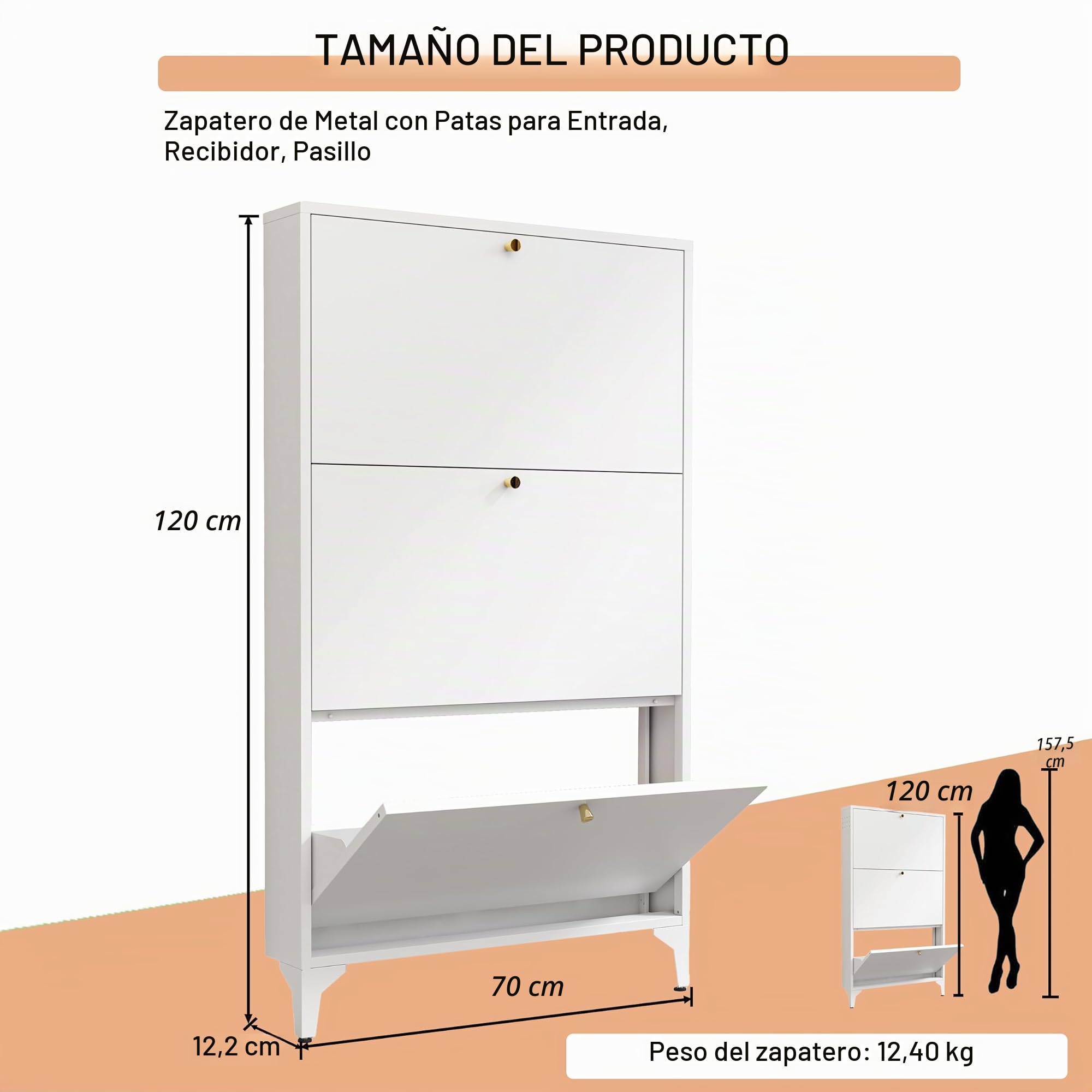 Zapatero con 3 cajones abatibles, armario de almacenamiento de zapatos estrecho, organizador de zapatos de granja, organizador independiente con patas de metal para entrada, vestíbulo, pasillo