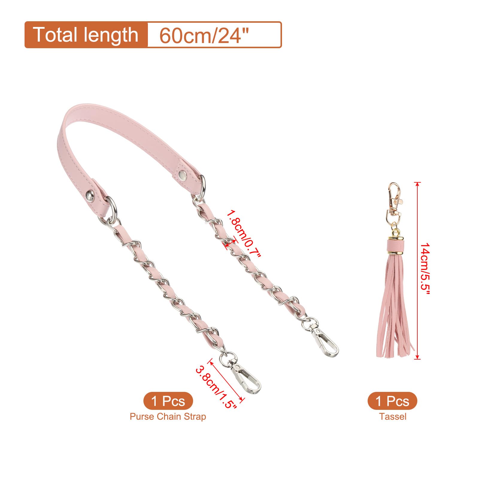 PATIKIL Purse Chain Strap, 24 Inch Leather Chain Strap Replacement with Tassel for Crossbody Bag Pink/Silver - Image 2