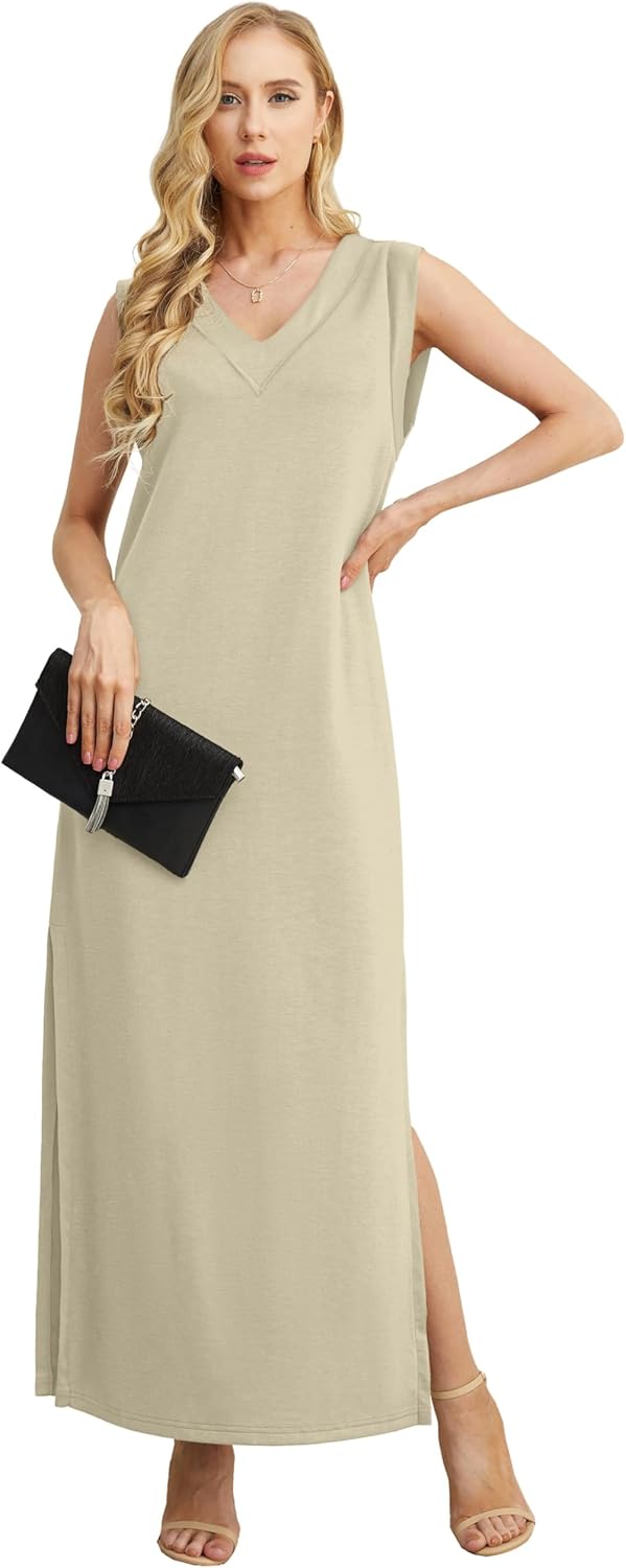 GRECERELLE 2026 Women Summer Inside-Out V-Neck Casual Loose Split Wrinkle-Free Long Maxi Beach Dress with Pockets - Image 4