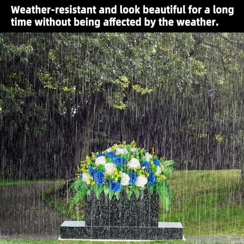 Lodou Artificial Cemetery Flowers, Silk Flower Arrangement,Artificial Rose Bouquet Grave Memorial Flowers with Headstone Saddle for Graveyard Headstones Decoration (1, Blue and Whi image 6