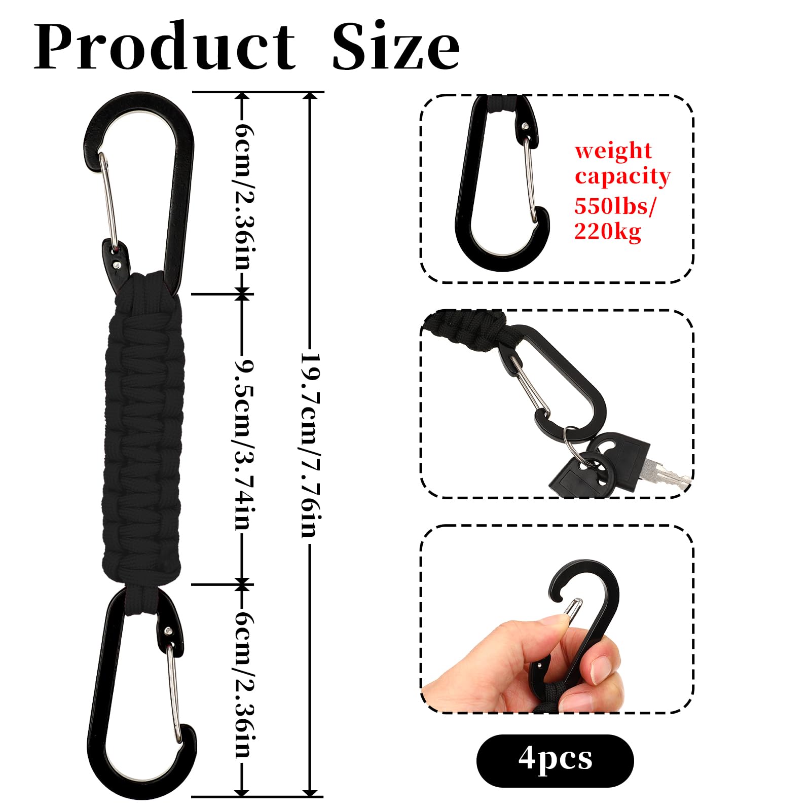 Abeillo 4 Pack Paracord Keychain Heavy Duty 550 Tactical Lanyard Clip, Quick Release Key Clip, Carabiner for Backpacks Camping Fishing Hunting Outdoor