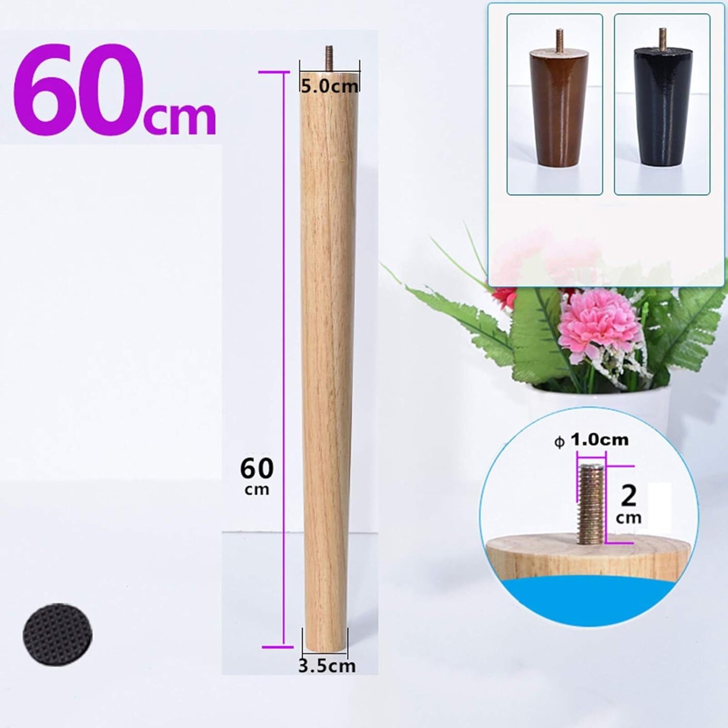 Juego de 4 husillos de Madera Maciza para Muebles, Rosca M10, de Madera de Nogal, cónicos, de Repuesto para sofá, Mesa y sillas (Rectos, 60 cm/23,6 Pulgadas)