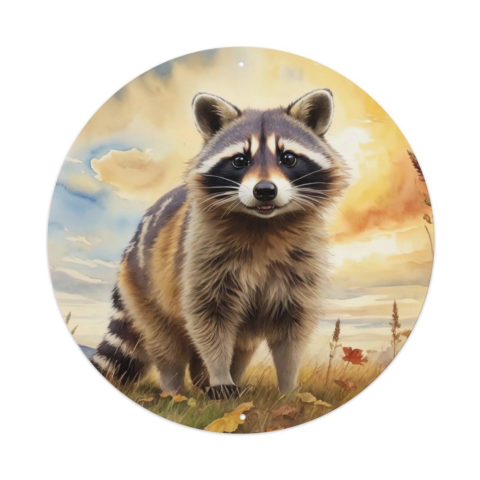 Wildlife Artwork Raccoon in The Meadow Vintage Metal Tin Sign Plaque Wall Decor for Cafe, Club, Garden Round Metal Poster 8x8Inch