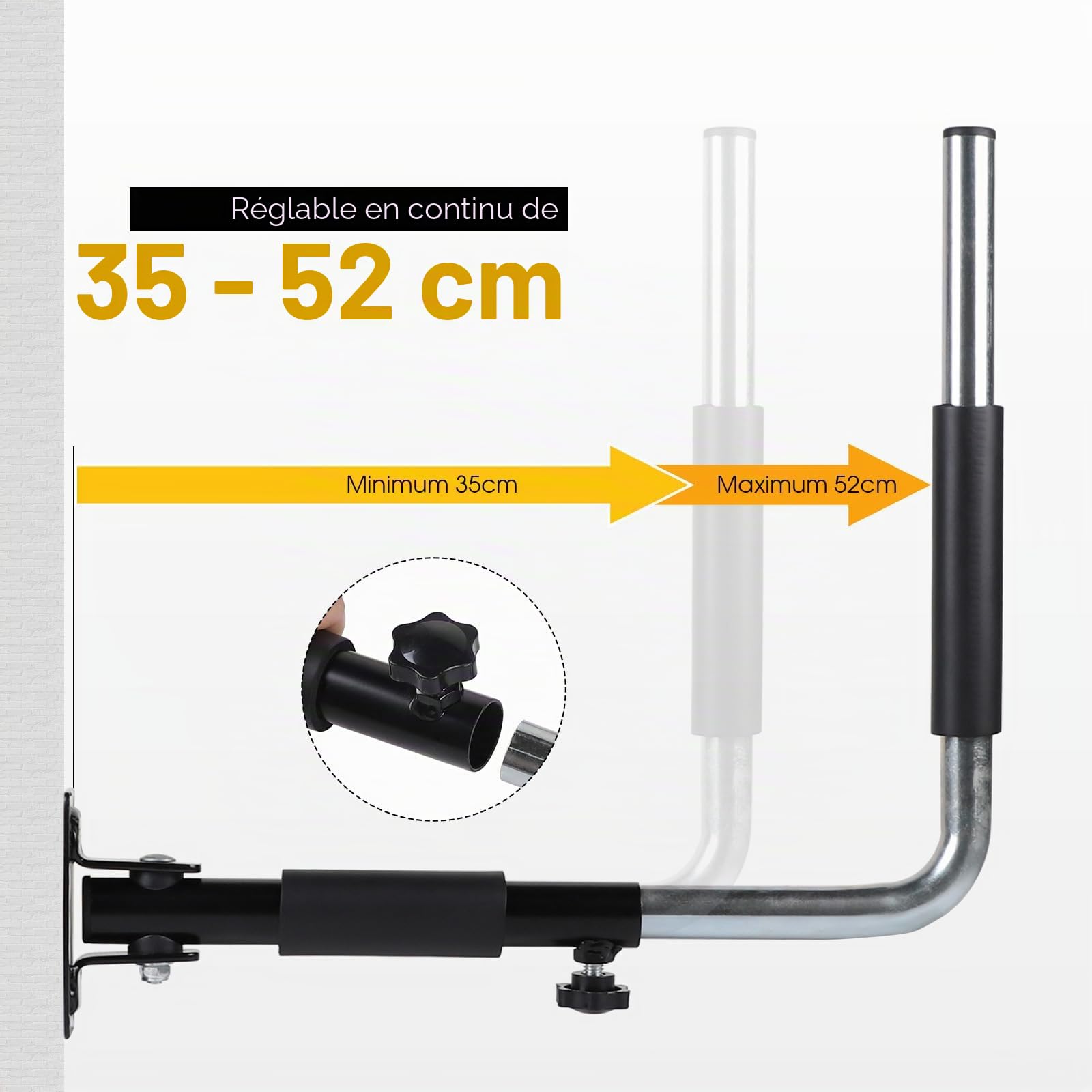 SWAWIS 1 Paire Support Mural pour Coffre de Toit en Acier avec Mousse Anti-Rayures, Plage de Réglage 35 à 52 cm, Charge 50 kg, pour Coffre de Toit, Planche de Surf, Paddle, Outils de Jardin(Noir)