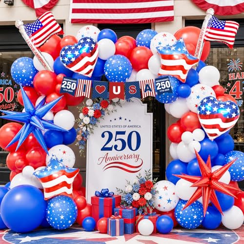159pcs Red White and Blue Balloon Garland Arch Kit 4th of July Balloons Patriotic Decorations with Patriotic Foil Balloons 250th Banner for Nautical Veterans Memorial Day 4th of July Baseball Party