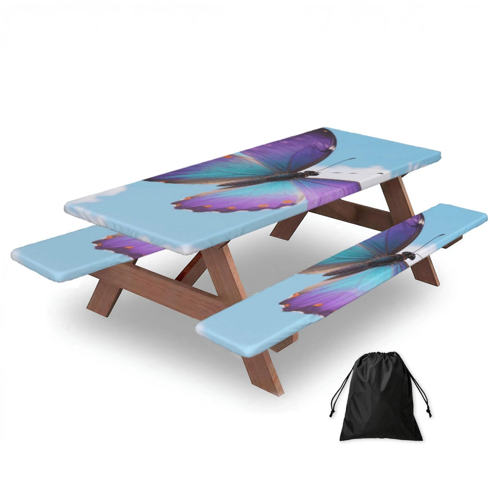 FekiLoot Colorful Butterflies Picnic Table Cover with Bench Covers and Bag, Windproof Waterproof Rectangle Tablecloth with Elastic Edges Fitted Camping Table Covers Portable Camping Accessories