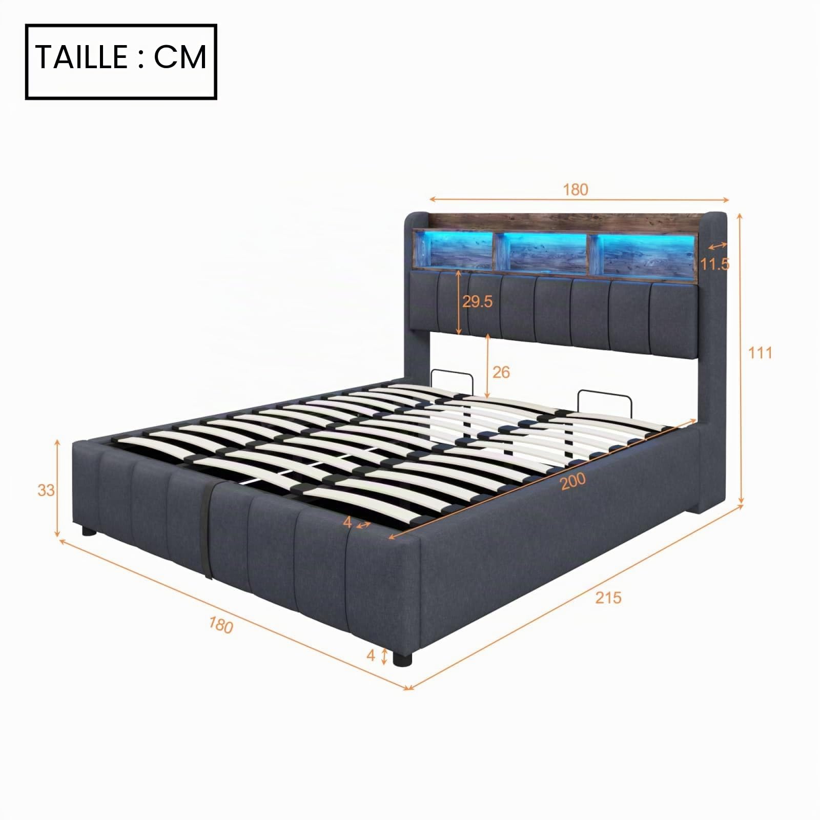 KOMHTOM Lit Rembourré avec éclairage LED et Port de Charge, Lit Hydraulique avec Espace de Rangement sous Le lit et Sommier à Lattes, Lin(sans Matelas) (Gris, 180x200 cm)