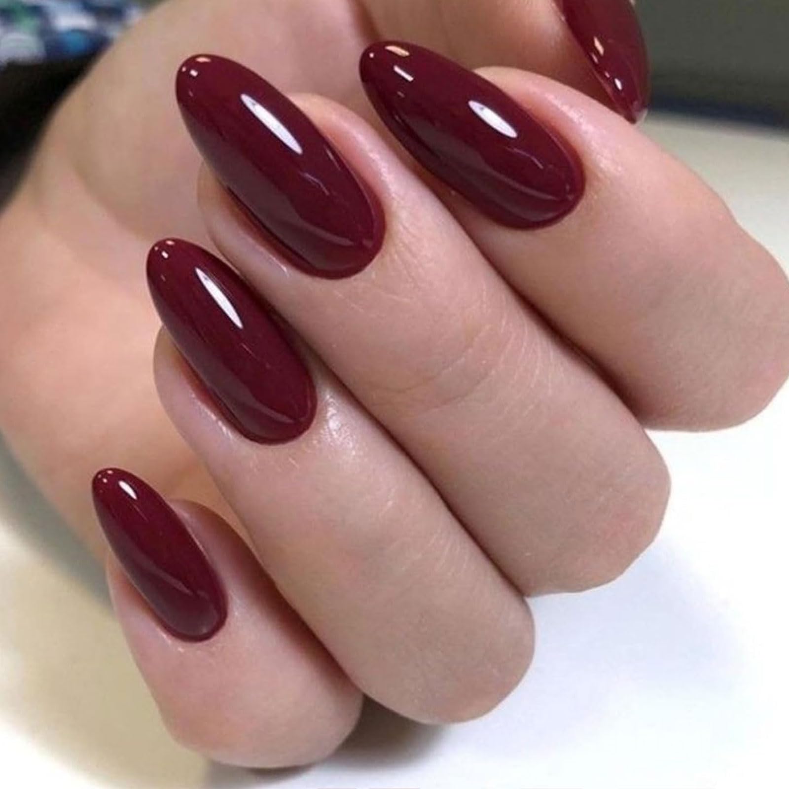 LunarCharm Set di 30 unghie finte a mandorla corte color vino rosso, unghie finte riutilizzabili con colla per unghie, adesivi e lima per unghie, Rosso