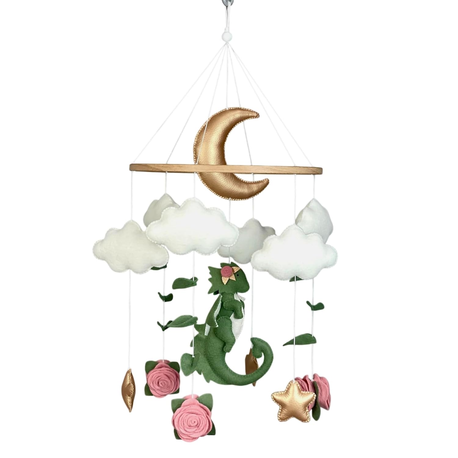 Dragon Baby Mobile for Girl Fantasy Nursery Decor Felt Hanging Mobile Dragon Crib Mobile Flower Mobile Rose Green Dragon for Baby Girl Nursery Fantasy Baby Shower Gift New Baby Girl Gift