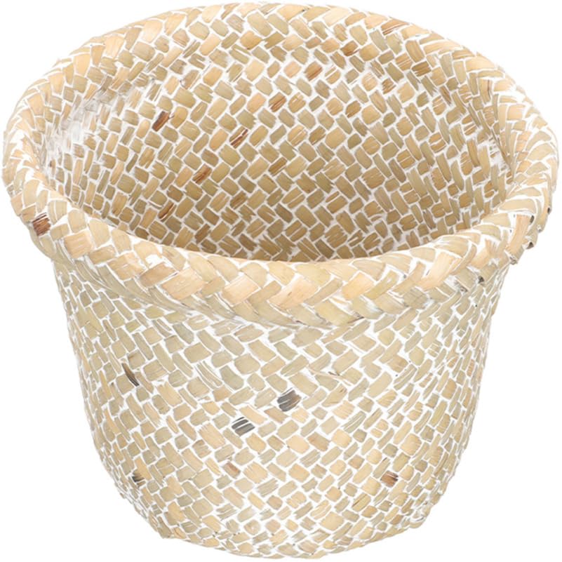 Image of Alipis Rattan Woven Trash Basket with Lid 7.08 X 7.08 X 5.51 in Versatile Waste Basket for Kitchen Bedroom Bathroom Toy Storage Home Organization