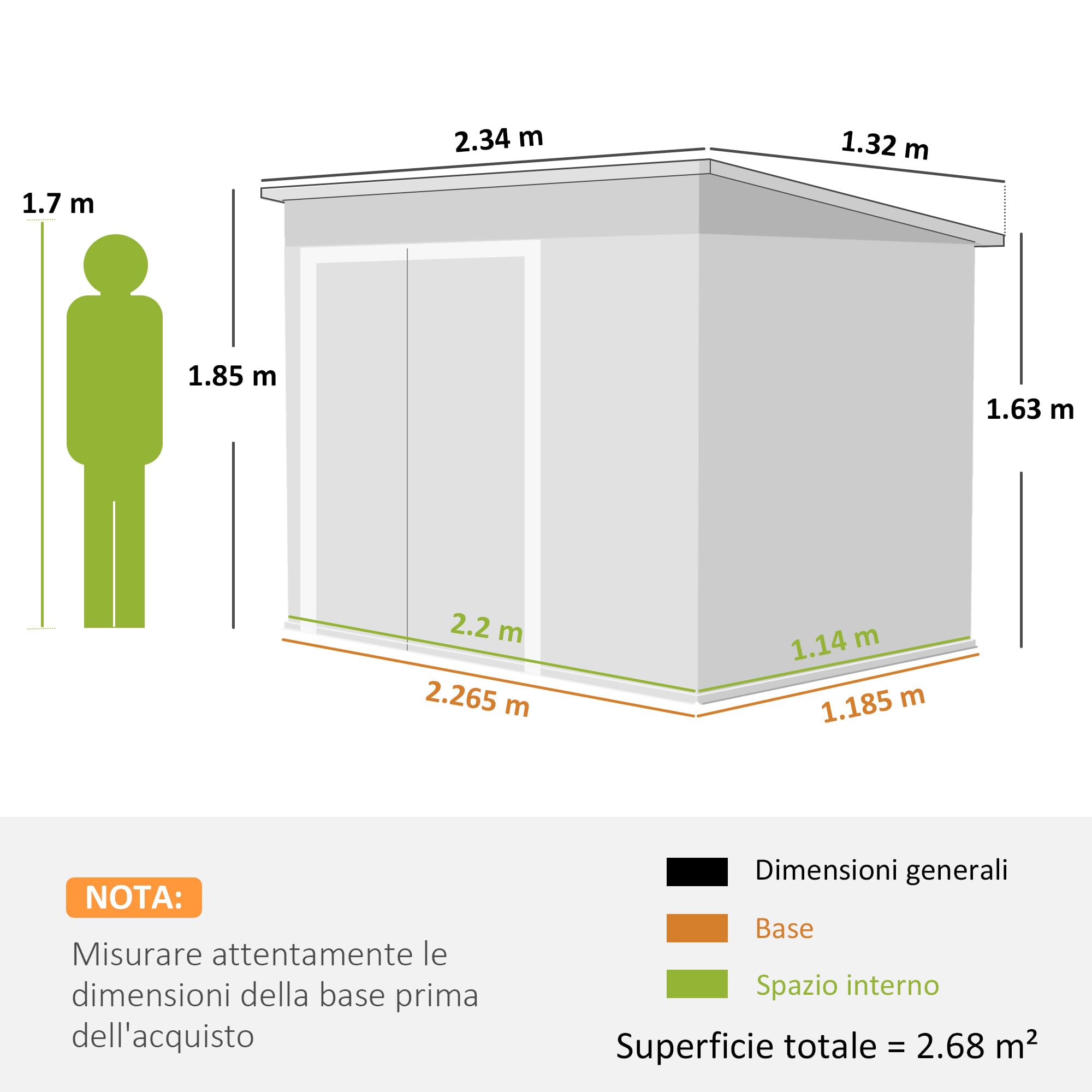 Outsunny Casetta da Giardino 2.68m² 3 Porte 234x132x185 cm Grigio Scuro