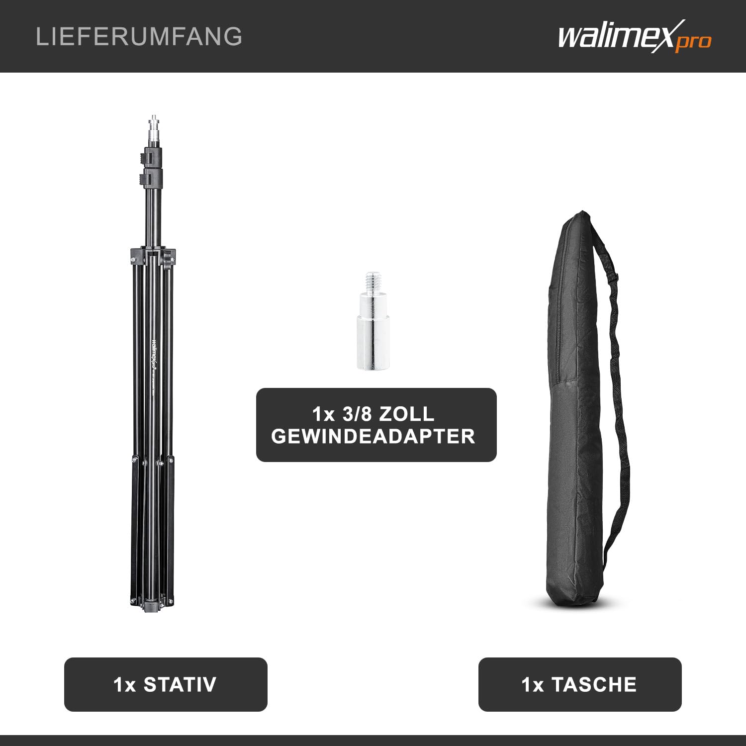 Walimex pro WT-803 Lampenstativ höhenverstellbar bis 208 cm, Lichtstativ aus Aluminium mit Tasche + Adapter, Studiostativ max. Traglast 3,5 kg, Blitzstativ für Studio und Mobil