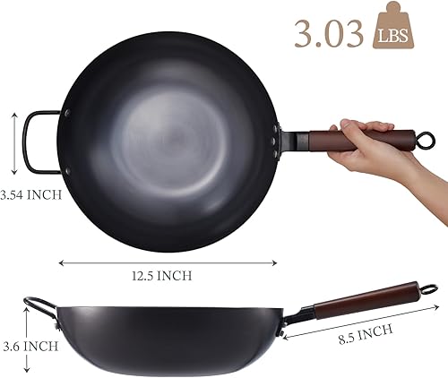 Miniatura 3 de KITEXPERT Wok de acero al carbono con tapa, sartenes antiadherentes de 13 pulgadas con mango de madera, wok chino sin revestimiento químico con