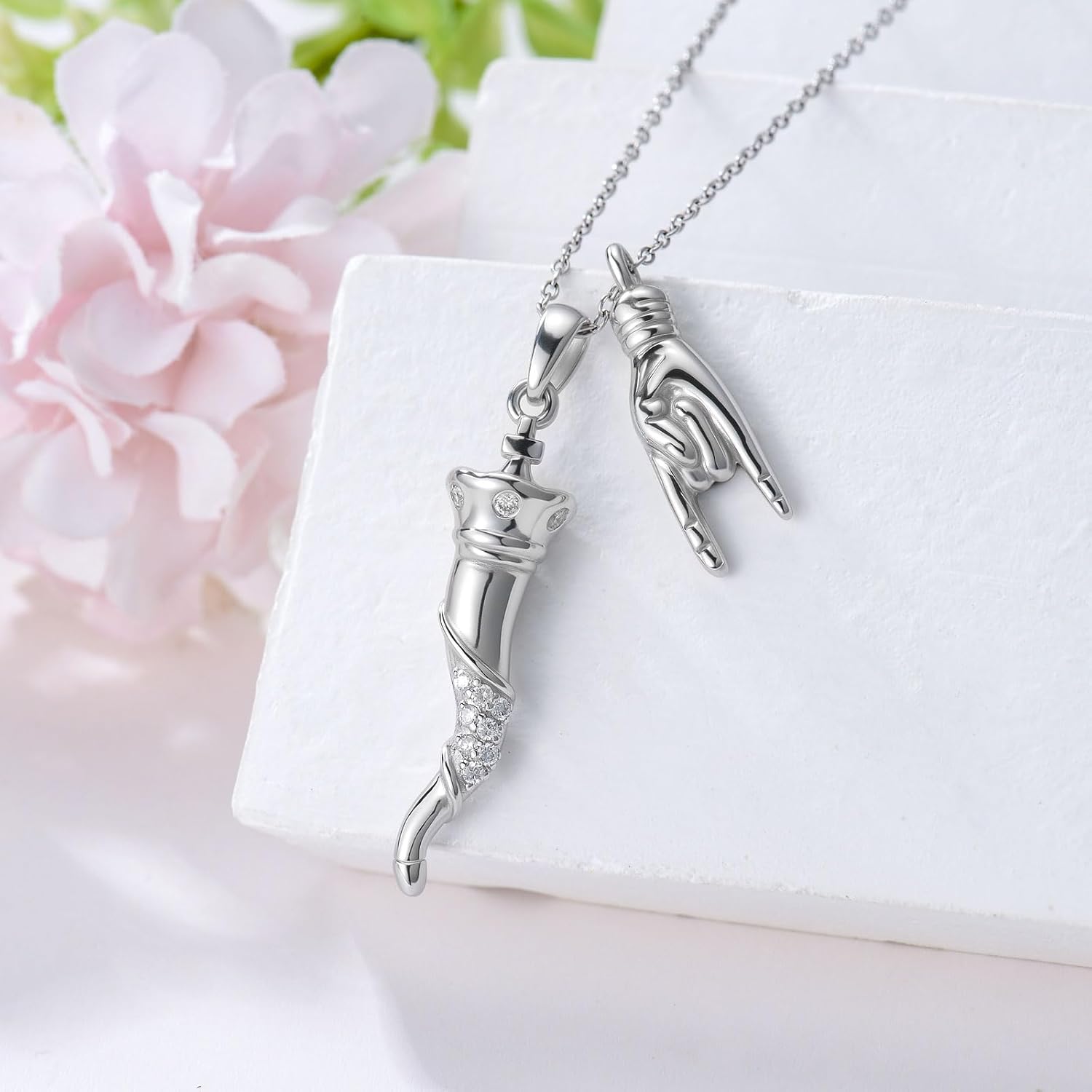 Diamond Italian Horn Necklace for Women 925 Sterling Silver Good Luck Amulet Pendant with Lab Grown Diamond Jewelry for Christmas Gift - Image 3