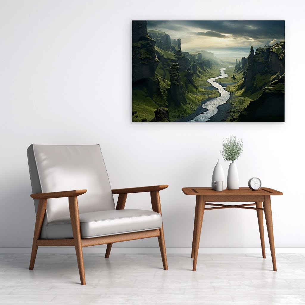 Canvas for Living room. Whispers of the Storm: A Tranquil River's Foreboding Journey Through Lush Valley Walls, 27 x 18 inch Canvas Wall Art - Modern Home Decor