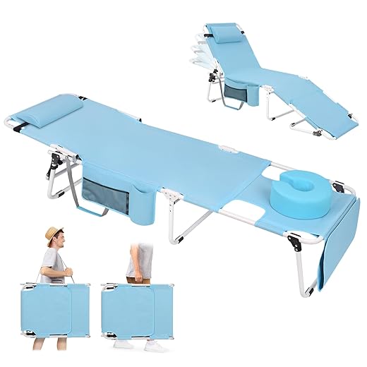 Tanning Chair with Face Hole, Heavy Duty Outside Lounge Chair, Folding Outdoor Face Down Tanning Chair Arm Hole for Reading Beach Poolside Patio Sunbathing Lawn Camping, Lay Flat Portable Sun Lounger
