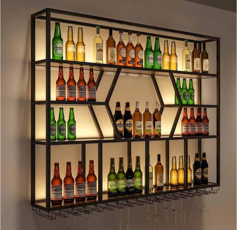 Botellero LED montado en la pared para botellas y vidrio, estantes flotantes de metal, copa colgante para el hogar, restaurante, bares (tamaño: 120 x 20 x 125 cm, color: negro-a)