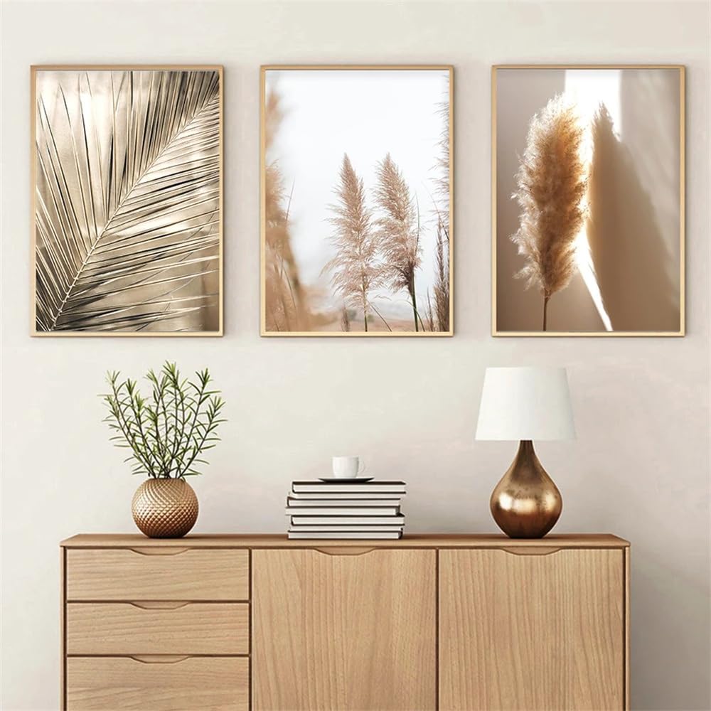 WUHBCZ Wall Posters-Abstract Grass Reed Plant Golden Leaves Posters Boho Wall Art Canvas Painting Prints Pictures Modern Living Kitchen Room Interior Decor-40 * 50cm/3PCS (No Frame)