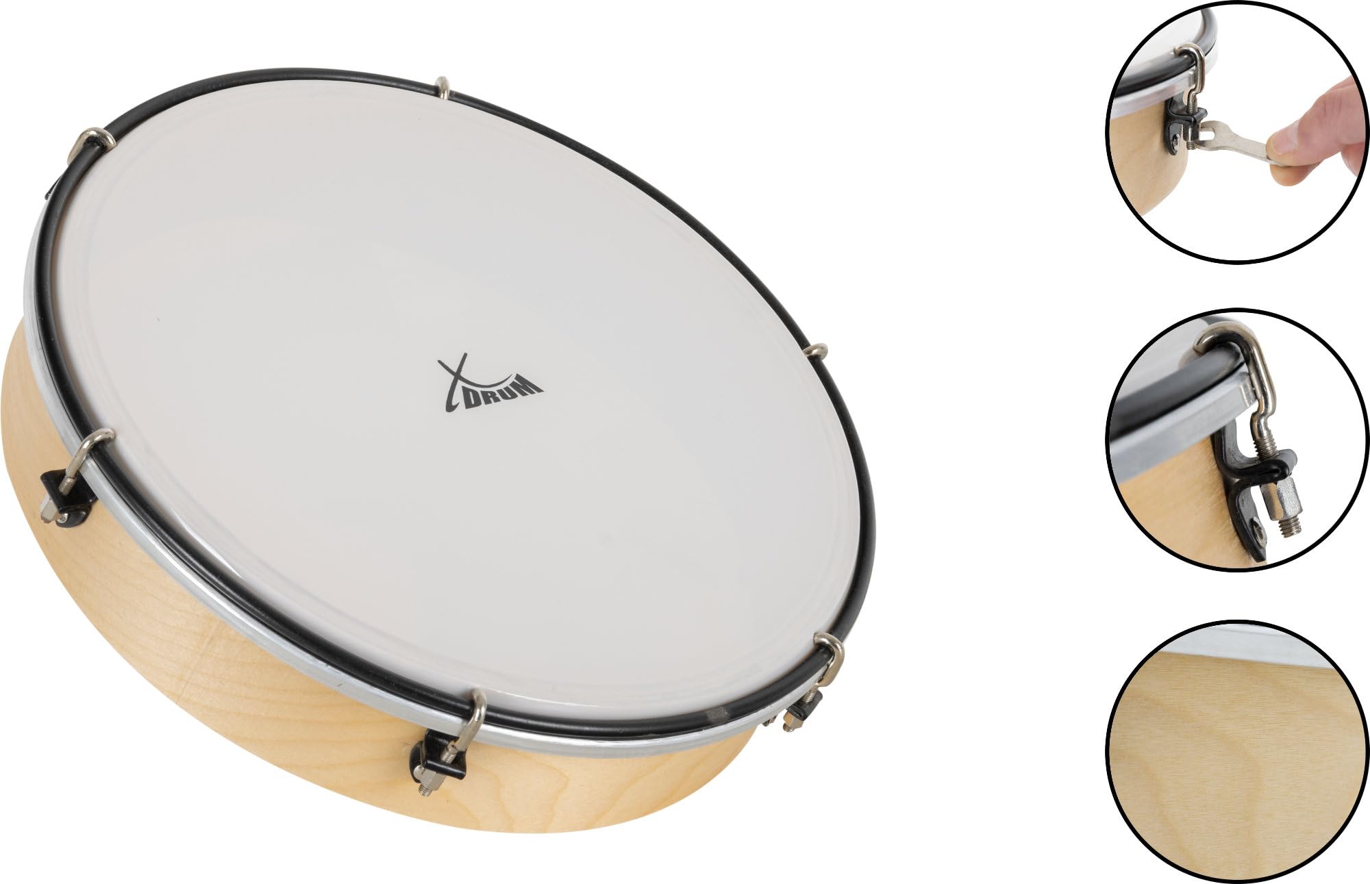 XDrum HTM-10K Tambourin 10" avec Peau Synthétique, Diamètre: 10" (25 | 4 cm), Peau en polyester robuste, Cadre en érable, 6 crochets de tension pour accorder le tambourin, Poignée ergonomique