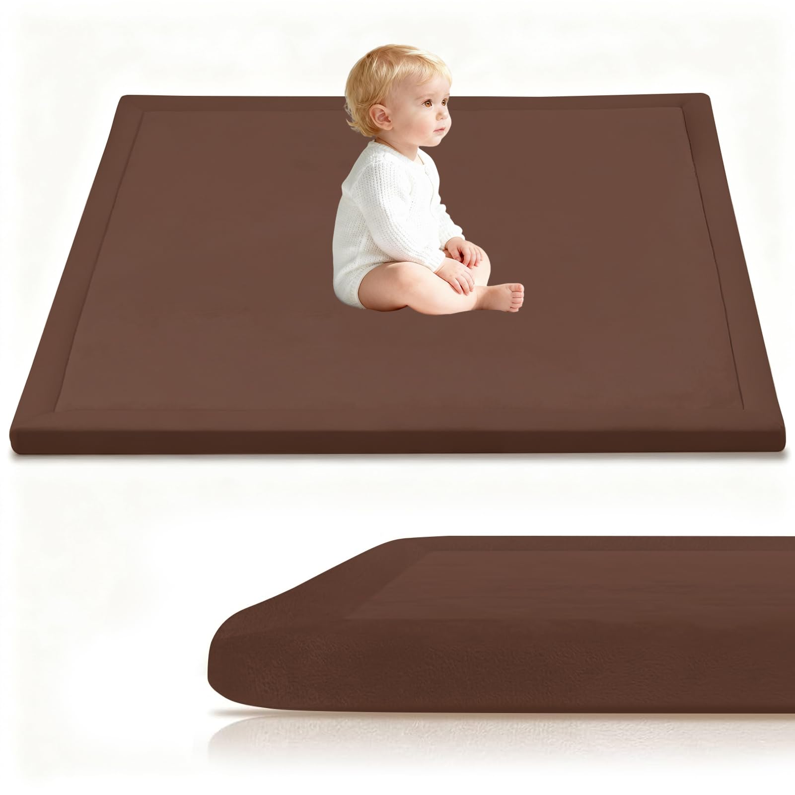Stqyeiw 3cm Thick Baby Crawling Mat, Baby Play Mat 80 x 160 cm Brown Nursery Rug for Crawling Playing for Bedroom Kids, Non Slip Coral Velvet Babies Mats for Floor Play
