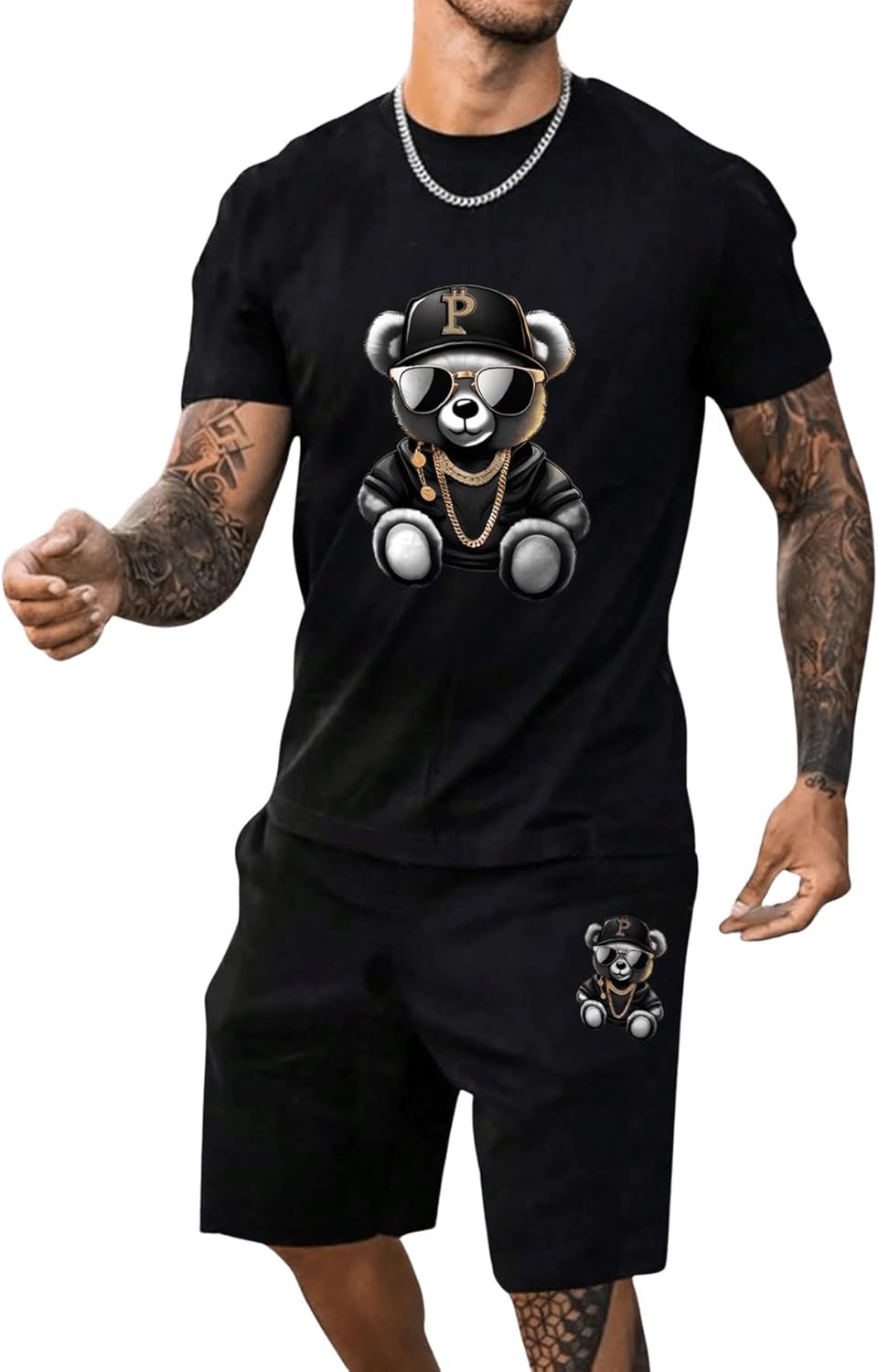 GORGLITTER Men’s Graphic 2 Piece Outfits Summer Bear Short Sleeve Crewneck T Shirt Vacation Shorts Sets