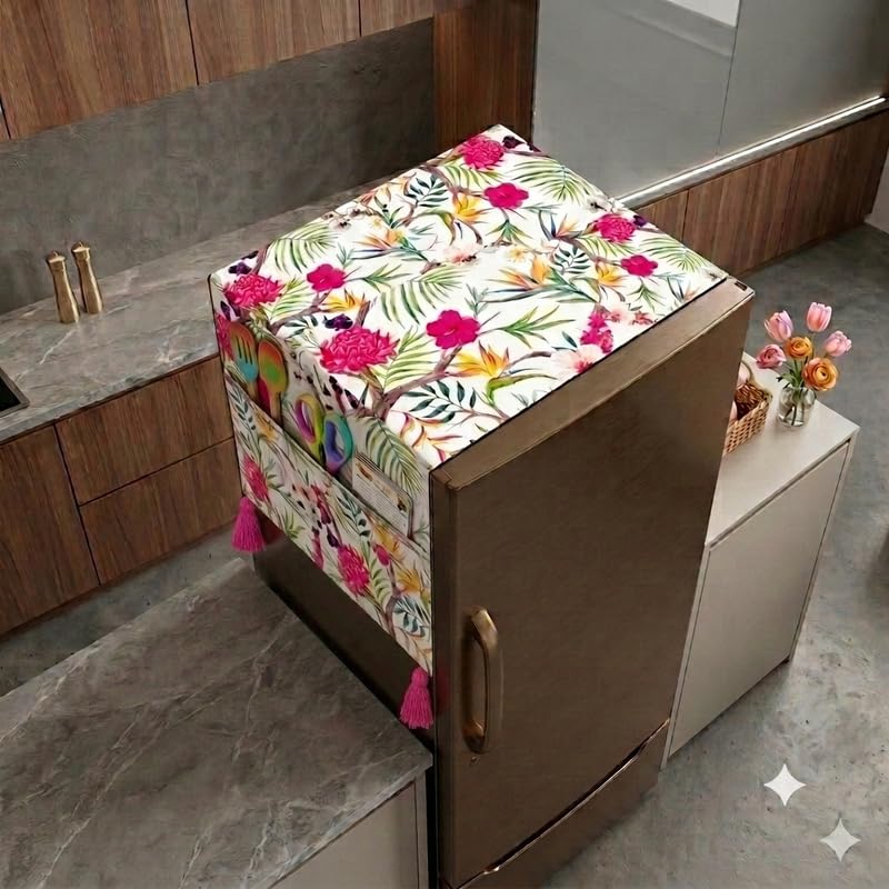Image of WWW.THROWPILLOW.IN Fridge Top Cover for Single Door 100-250L | Small Size Dustproof Refrigerator Cover | Corner Tassels with Pockets | Floral Print | Single Door Fridge Cover Mat