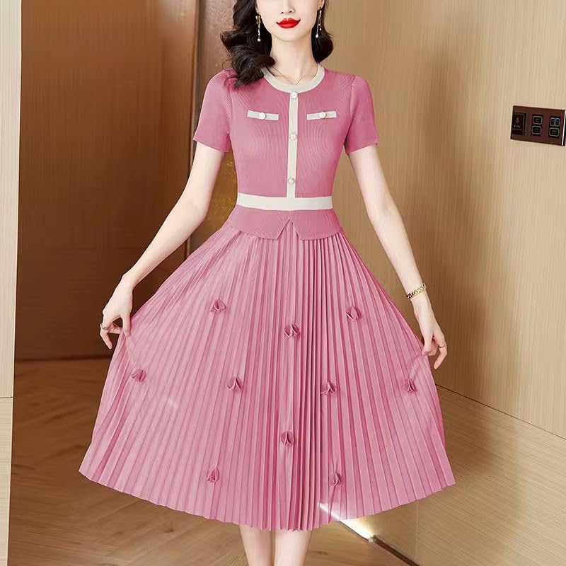 Robe vintage patchwork unique avec manches courtes et col rond doux