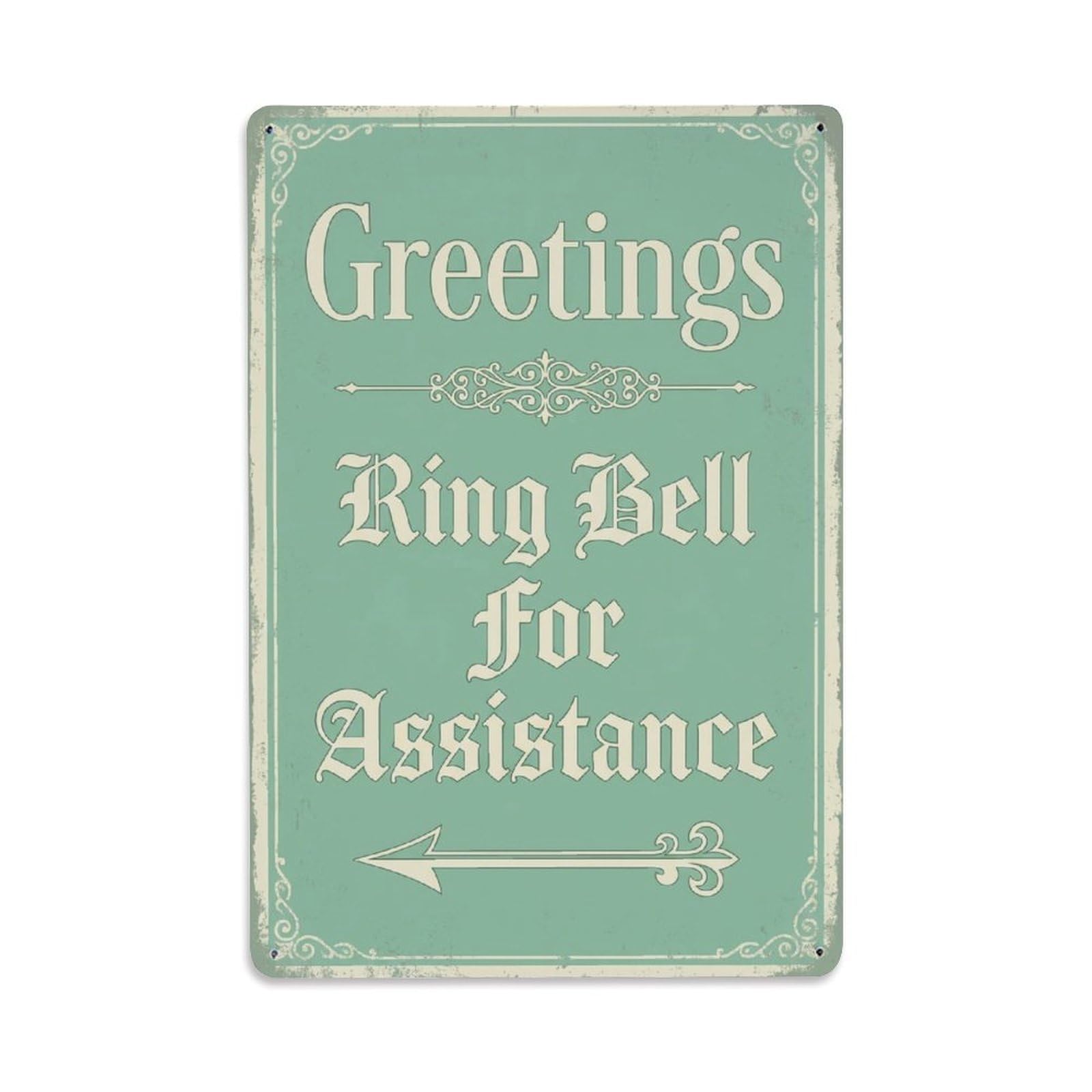 Metal Tin Sign Vintage Greetings Ring Bell For Assistance Arrow Border