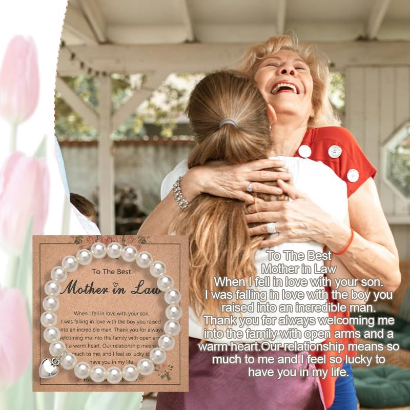 Mothers Day Gifts for Mother in Law Bracelet for Mother in Law Birthday Gifts for Mothers-in-law Thank You Gift Idea Pearl Beaded Bracelet with Heart Charm - Image 2