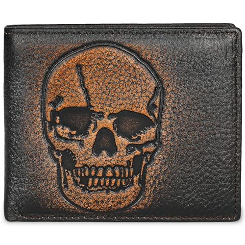 Image of DK86 Skull Bifold Wallet for Men RFID Blocking Full Grain Leather With Hand Burnished Extra Capacity Multiple Card Slots with 2 ID Windows